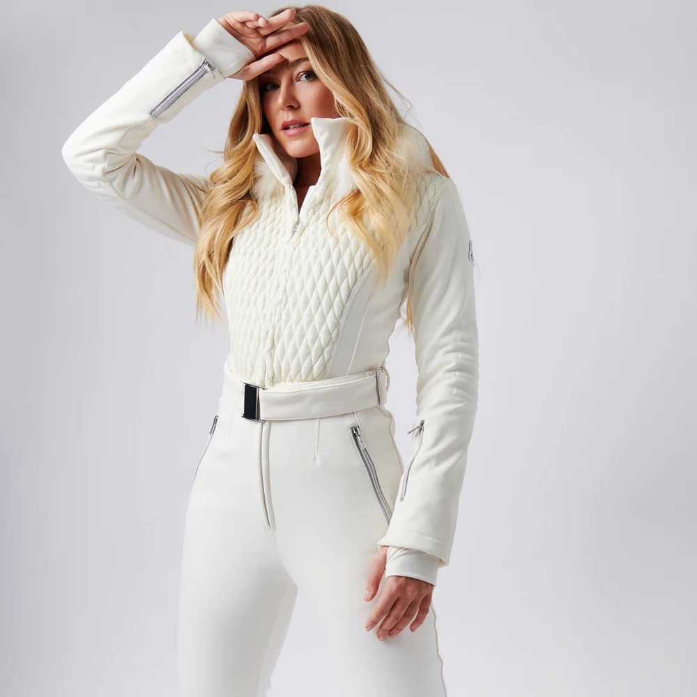 Authentic MY SUNDAY SKI White Elegance Verbier Ski Suit with Fur Hood Large